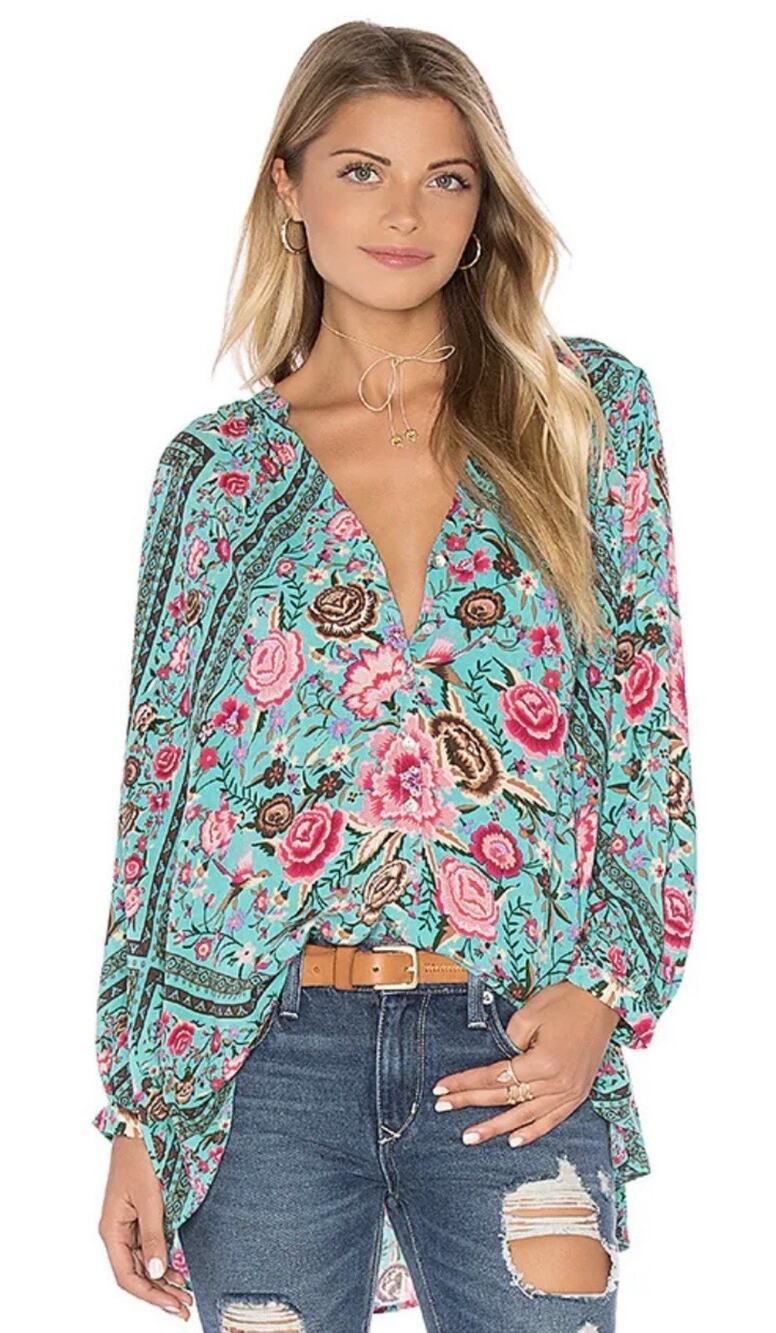 Spell & The Gypsy Babushka Blouse Floral Size Extra Large XL Turquoise